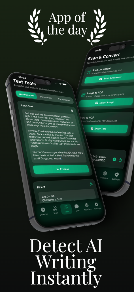 GPTzero AI humanize Detector - GPTzero app interface displaying text analysis tools and document scanning features for productivity