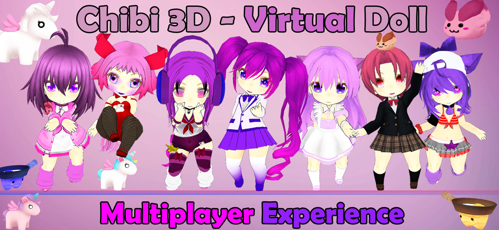 Chibi Doll 3D Multiplayer - Seven 3d chibi anime characters in various colorful outfits showcasing the virtual doll multiplayer experience