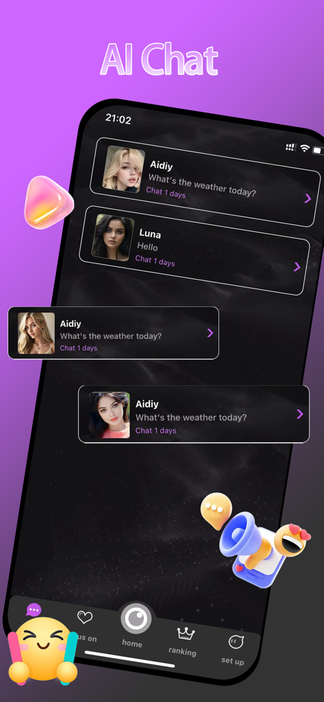 Interface of Maria AI Friends app showing a list of AI characters for chat including Aidiy and Luna