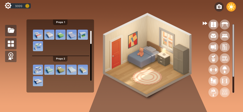 Setup Dream Room - A screenshot of the Setup Dream Room app showing a 3D isometric bedroom design with a furniture selection menu.