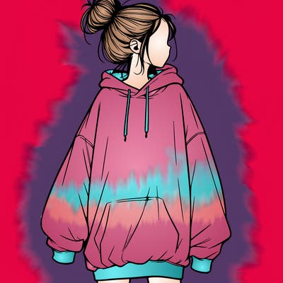 realistic girl with a oversized sweatshirt on and a bun