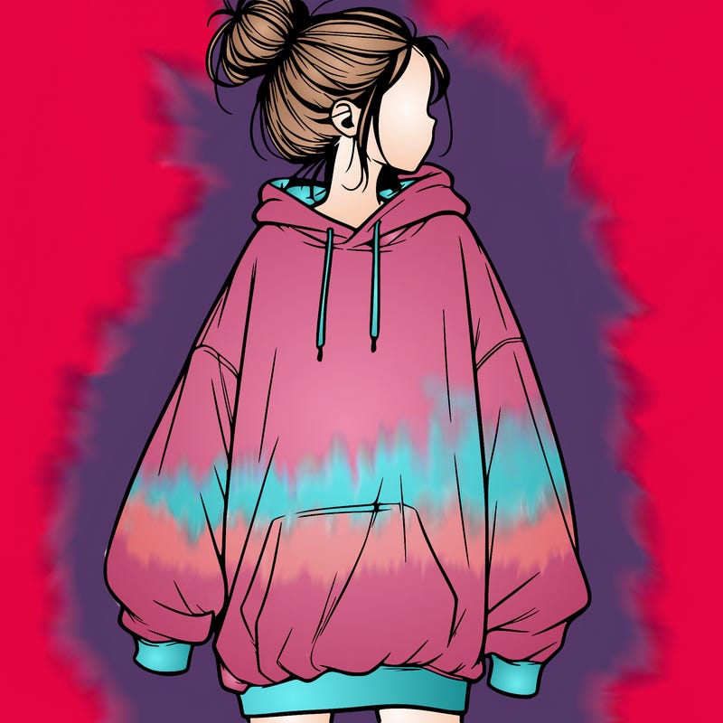 realistic girl with a oversized sweatshirt on and a bun