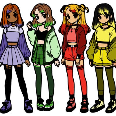 one girl with crop-top shirt and a jacket with a skirt, long socks and another girl with a shirt and pants with a jacket
