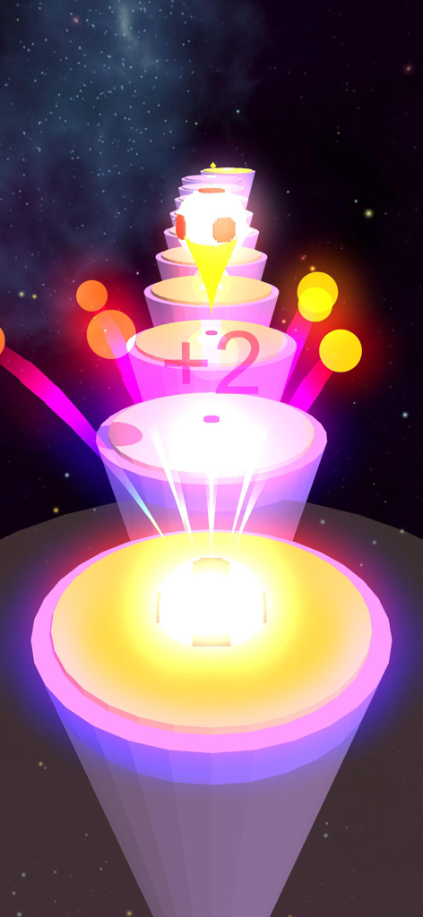 Jump Ball - Hop Stack Color 3D - A glowing ball bouncing on colorful neon stacks in a 3D rhythm game set in space.