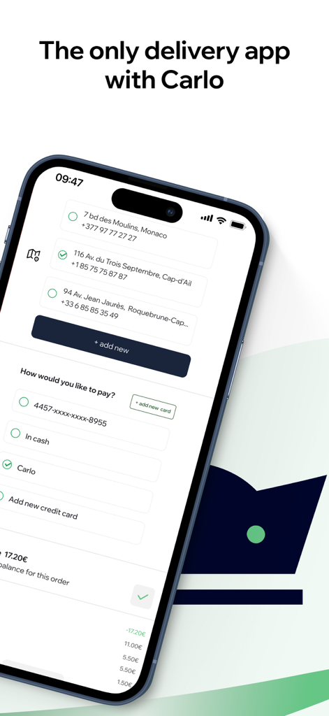 Mr Room Service - Mr Room Service mobile app interface showing delivery addresses in Monaco and payment options including Carlo