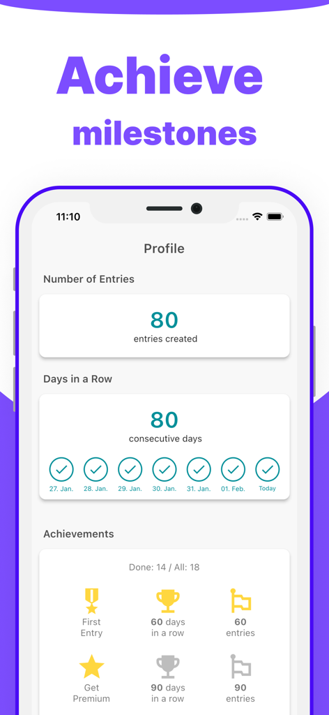 Borderline Personality Tracker - Profile dashboard of the Borderline Personality Tracker app showing entry streaks and achievement milestones.
