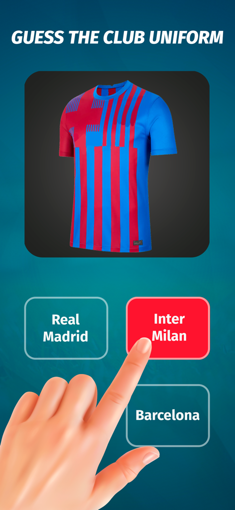 Football Quiz: Trivia game - Tela de jogo de trivia de futebol pedindo ao usuário para identificar um uniforme de clube de uma lista de times