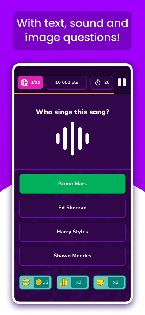 Quizit - Trivia and Knowledge - Music trivia question screen in the Quizit app asking who sings this song