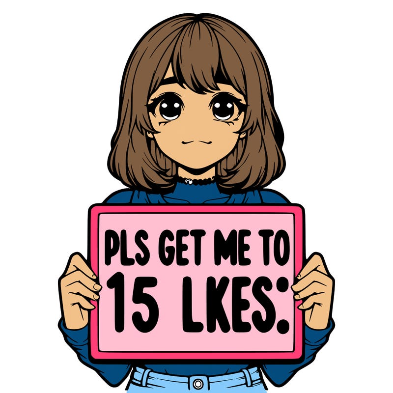 realistic girl holding up a sign that says “pls get me to 15 likes!”