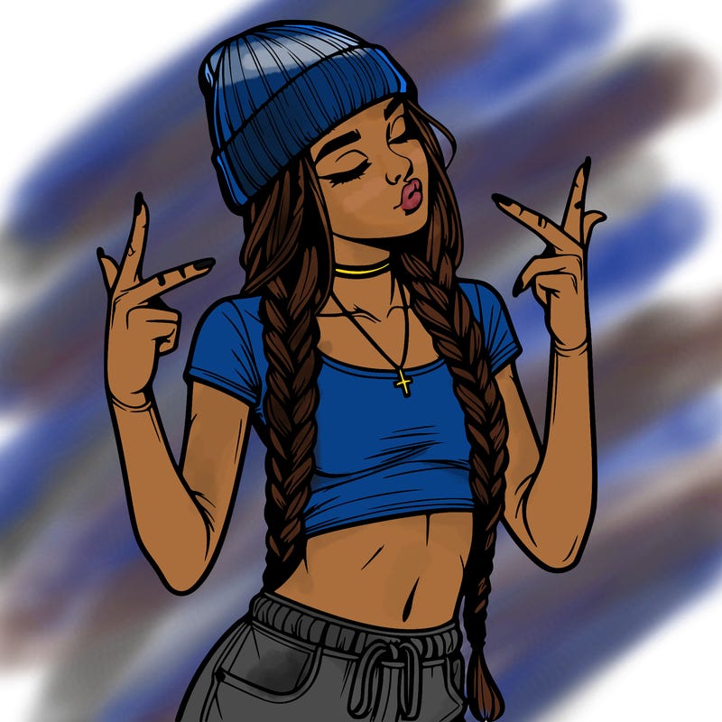 realistic teenage girl with braids and a beanie and crop top doing 🫶🏼