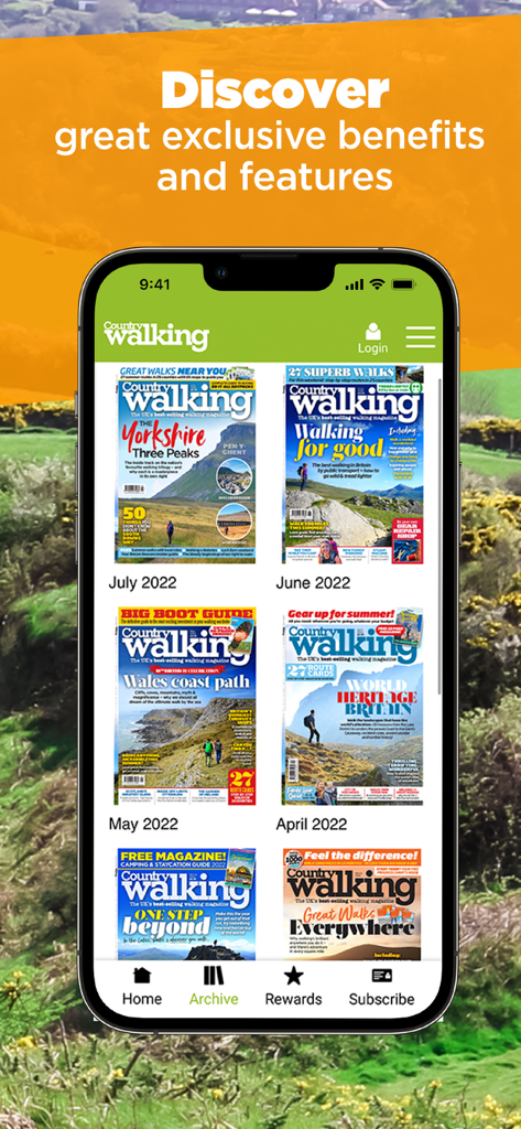 Country Walking Magazine - Smartphone screen showing the digital archive of Country Walking Magazine issues