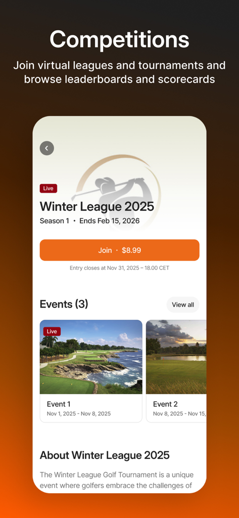 Trackman Golf app competition interface for joining virtual leagues and tournaments