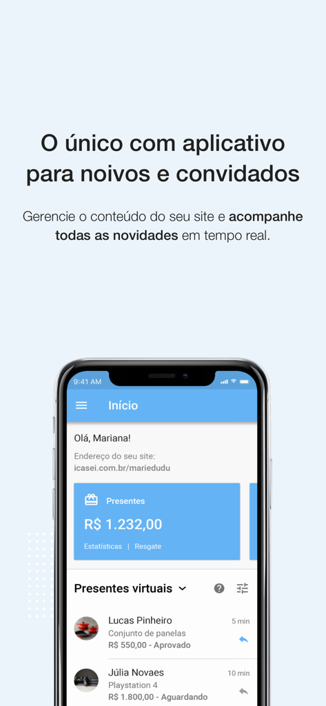 iCasei | Lista de Casamento - Interface do aplicativo de casamento iCasei mostrando um painel de lista de presentes e presentes virtuais