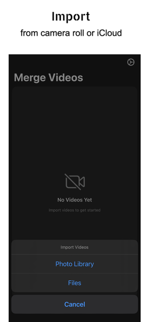 Interface of the Merge Videos app showing options to import video clips from the photo library or files.