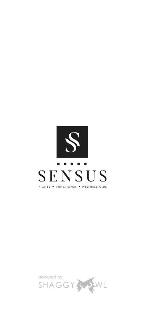 Minimalistischer Splashscreen für die Sensus Club Pilates App mit dem schwarz-weißen Logo und Branding
