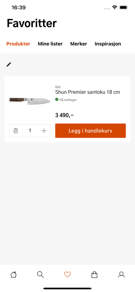 Kitch'n - Schermata dei preferiti dell'app Kitch'n che mostra un coltello Santoku Shun Premier con un pulsante aggiungi al carrello.