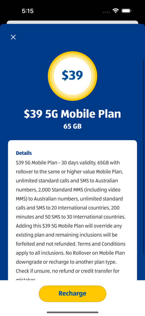 ALDI Mobile - Screenshot of the ALDI Mobile app displaying a 39 dollar 5G mobile plan with 65GB data and a recharge button