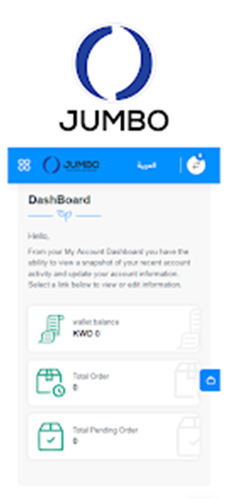 Jumbo International - Painel do usuário do aplicativo de compras Jumbo International mostrando saldo da carteira e estatísticas de pedidos