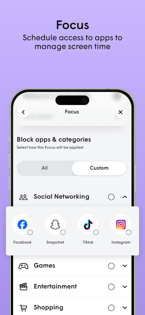 Plume Home app interface showing options to block specific social media apps and categories for screen time management
