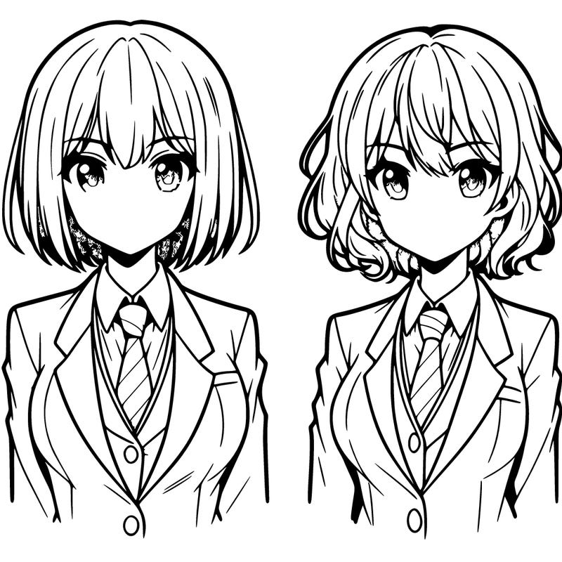 two anime girls with short hair wearing a suit