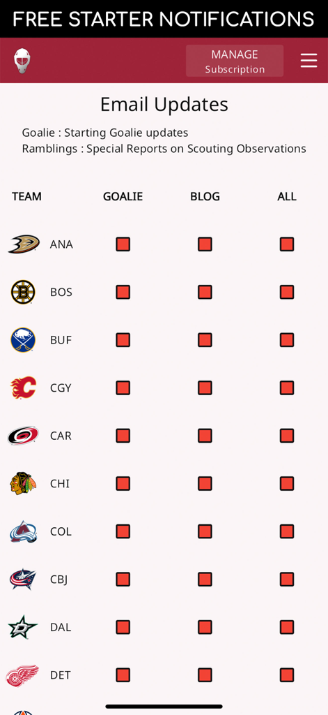 Dobber's Goalie Post - Email updates and notification settings screen in Dobber's Goalie Post app for various NHL teams.