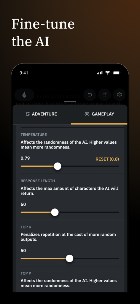 온도 및 응답 길이와 같은 AI 매개변수를 미세 조정하기 위한 AI 던전 인터페이스