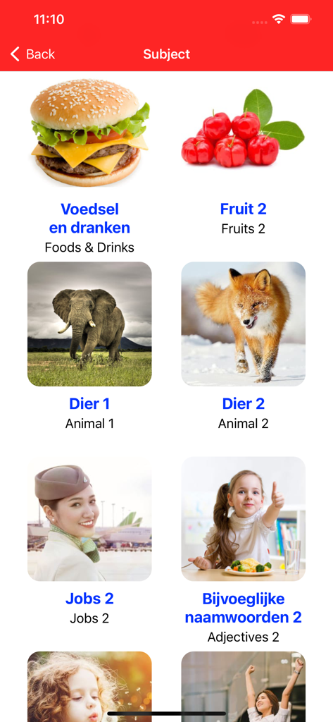 Interfaz de la aplicación Learn Dutch Essentials que muestra diferentes temas de estudio como animales y comida con imágenes de la vida real