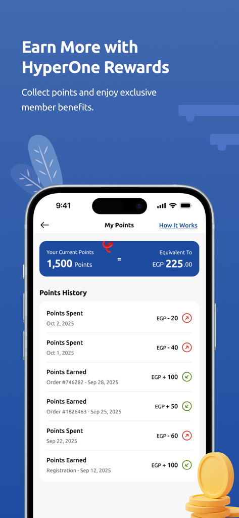 Hyperone - Hyperone mobile app loyalty program screen showing earned points balance and transaction history