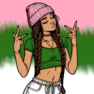 realistic teenage girl with braids and a beanie and crop top doing 🫶🏼