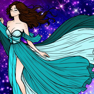 realistic woman in dress flowing the the wind