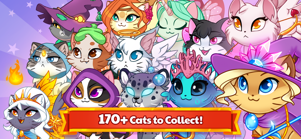 A group of diverse cat heroes in colorful fantasy outfits from the Castle Cats mobile game
