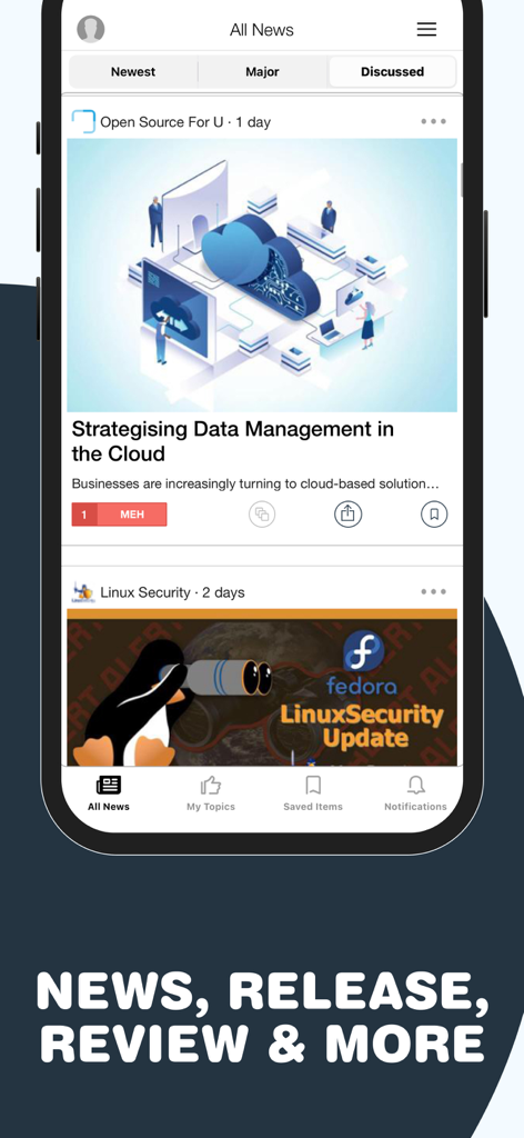 Open Source & Software News - Open Source and Software News app interface displaying technical articles on cloud data management and Linux security updates