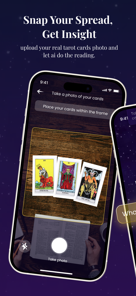 Smartphone using the Tarotoo app to scan physical tarot cards for AI insights