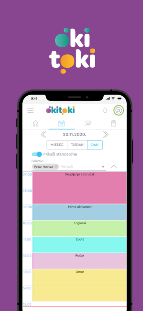 Okitoki - Okitoki app interface showing a child's daily activity schedule