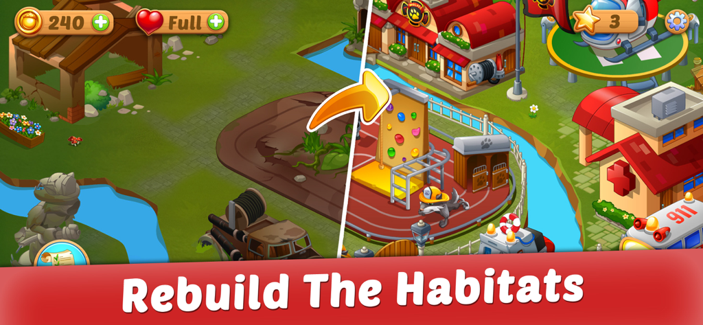 Solitaire: Forest Rescue - A split screen showing a ruined forest area being transformed into a vibrant animal habitat with new buildings.