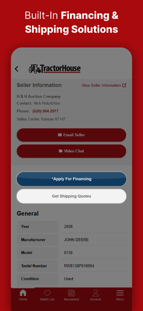 TractorHouse: Farm Equipment - Mobile app interface showing financing and shipping solutions for farm equipment listings