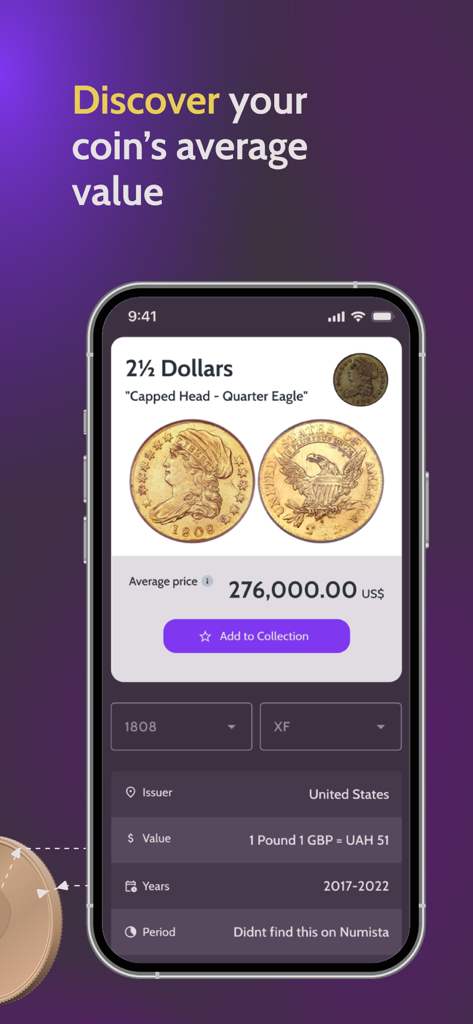 NumiSnap: Coin Value ID - Tela do aplicativo mostrando o valor de mercado estimado de uma rara moeda de Quarter Eagle de 1808 com cabeça coberta