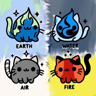 4 cats that represent the different elements, earth, water, air, and fire
