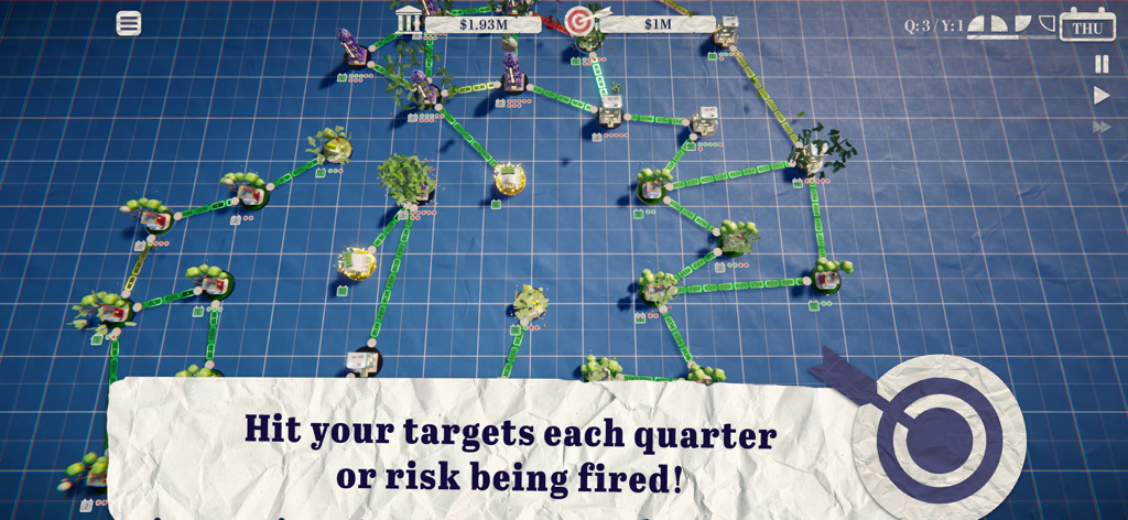 Simple CEO Business Simulator - Captura de tela da jogabilidade do Simple CEO Business Simulator mostrando uma rede de negócios conectados em uma grade estilo blueprint com uma notificação de meta trimestral.