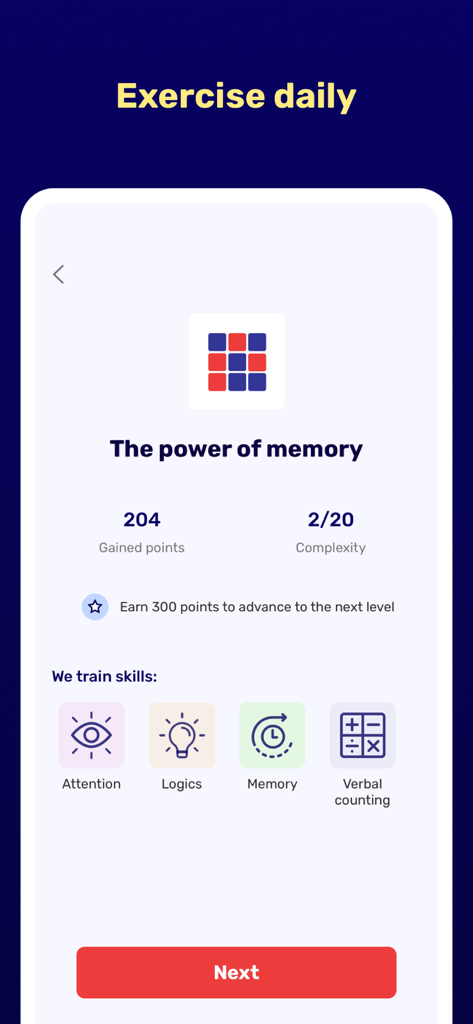 Brain & Mind  IQ Games, Quests - Pantalla de aplicación de entrenamiento cerebral que muestra resultados de ejercicios de memoria y seguimiento de habilidades cognitivas.