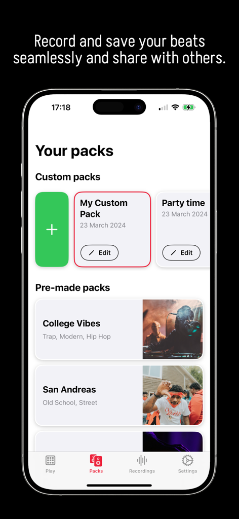 Beat Maker app interface showing a library of custom and pre-made sound packs for hip hop and trap music production