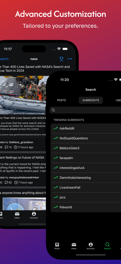 Hydra app interface showing trending subreddits and a customizable post feed