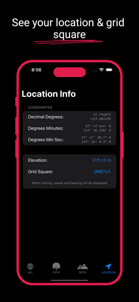 Offline Spotter for POTA/SOTA - App interface showing GPS coordinates and grid square for radio operators.