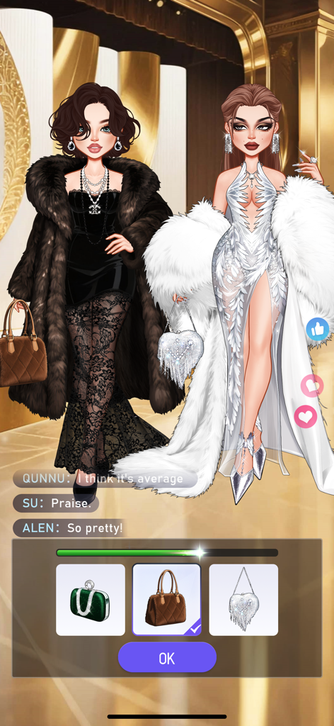 YoYa Sparkle: Style Pop - Dos avatares glamurosos con ropa de alta costura para la noche durante una competencia de estilo con opciones de selección de bolso