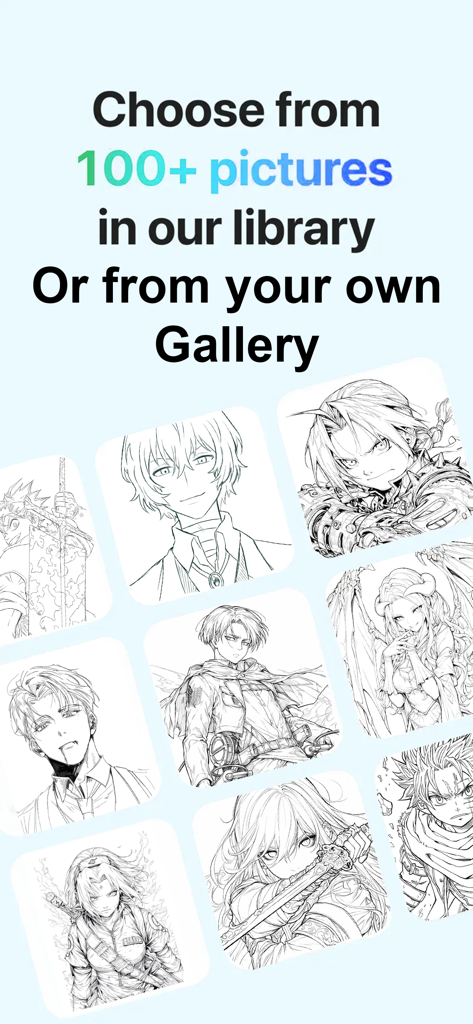 トレース用のキャラクタースケッチのコレクションを表示するアニメ描画アプリのインターフェイス。