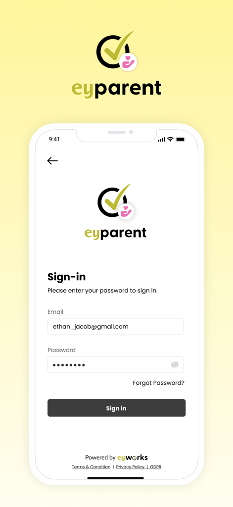eyparentモバイルアプリケーションのサインイン画面