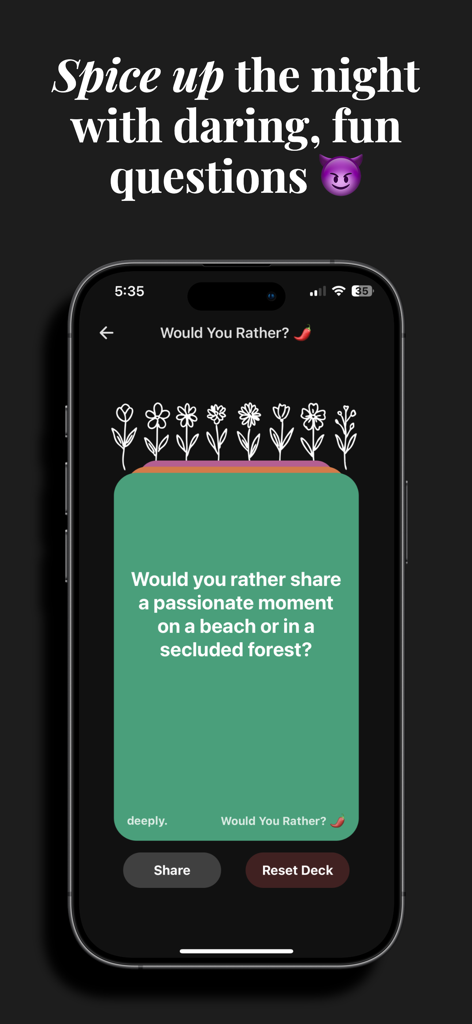 deep conversations: deeply - La aplicación Deeply mostrando una pregunta picante de '¿Qué prefieres?' para citas