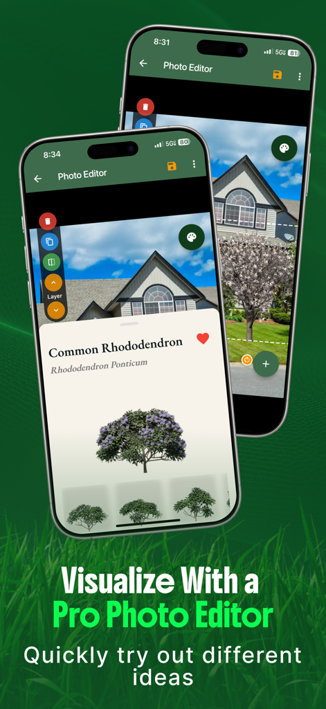 Mobile App-Oberfläche mit der Bildbearbeitungsfunktion zur Visualisierung von Gartenpflanzen an einer Hausfassade.