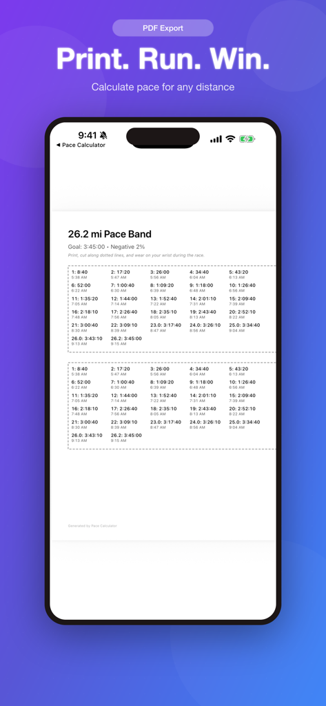 Pace Calculator: Race Splits - A preview of a printable marathon pace band for a 26.2 mile race showing mile-by-mile splits and a negative split strategy