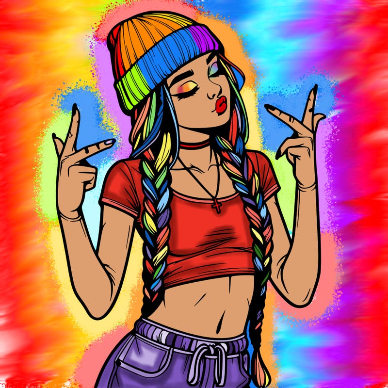 realistic teenage girl with braids and a beanie and crop top doing 🫶🏼